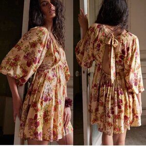 NEW Free People Beck Mini Dress Warm Tea Combo Romantic Printed Open Back